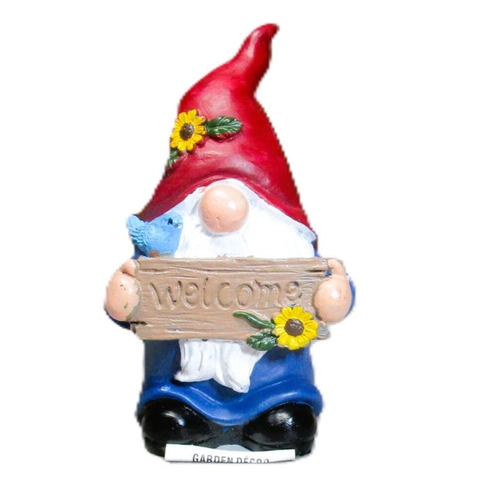 Cement Gnome Figurine Welcome Sign Red White Blue 5 inches Fairy Garden Decor